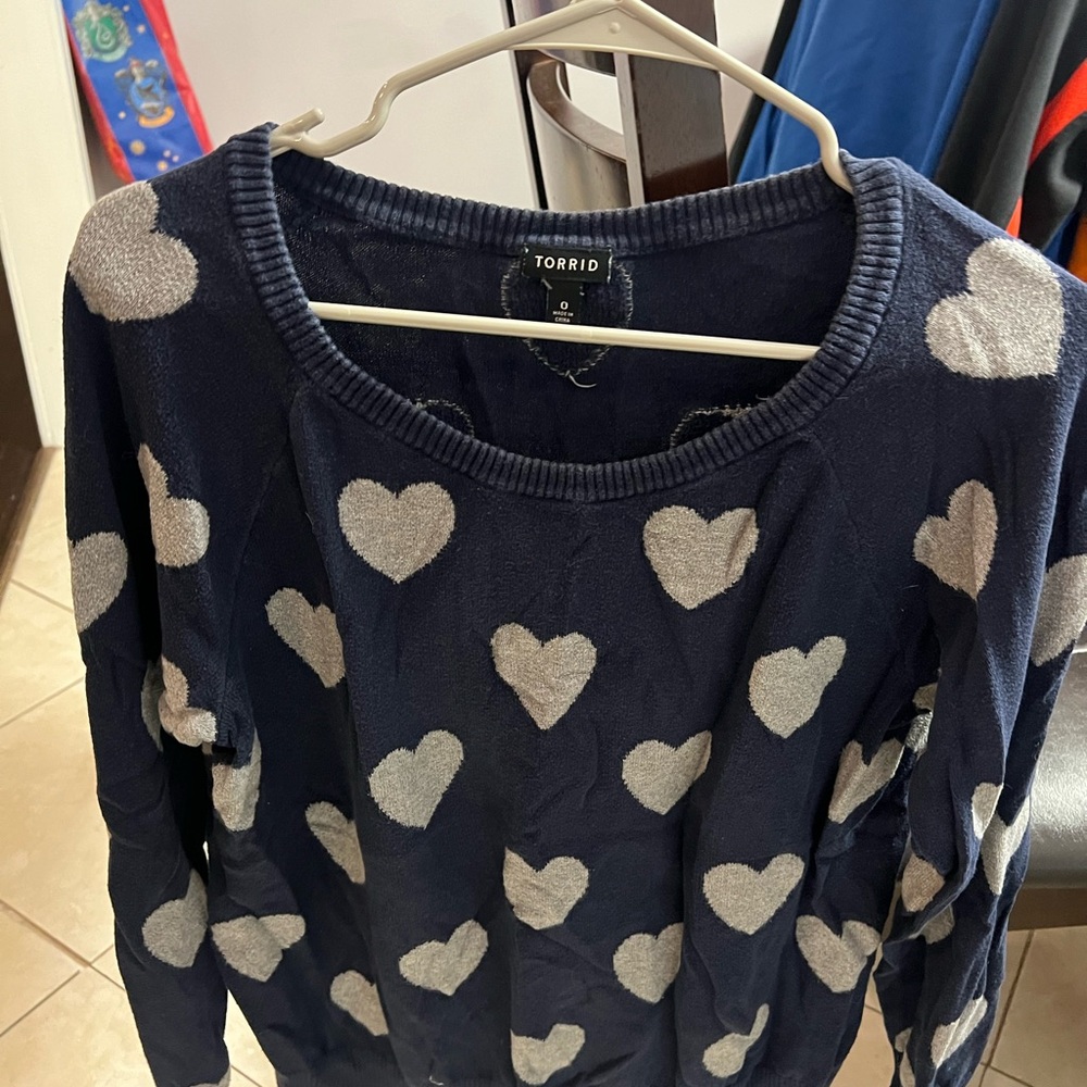 Torrid Heart Pattern Blue and Gray Crew Neck Sweater